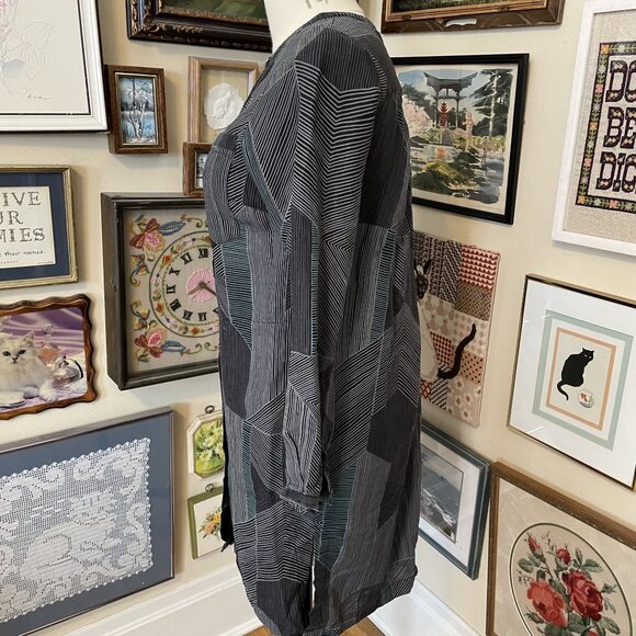 Gudrun Sjoden Black Green White Geometric Linen Print Button-Down Dress Size S - Picture 3 of 8